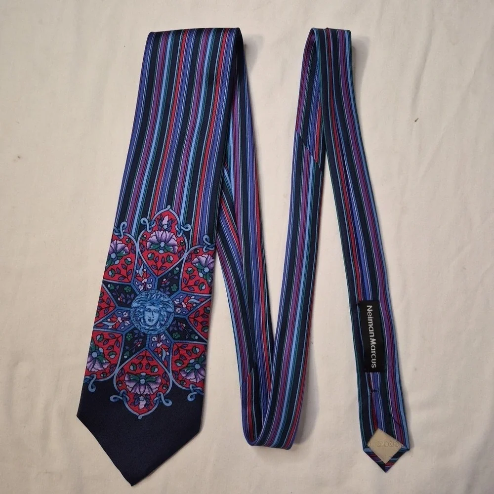 Gianni‎ Versace Mens Tie Medusa Head Flowers Striped Colorful Silk Necktie Spain